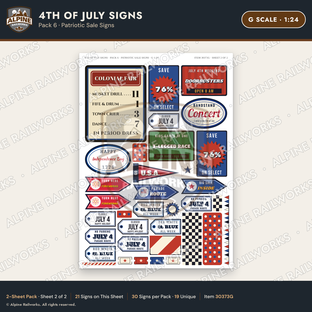 Alpine Railworks 30373G G Scale 4th of July Signs - Patriotic Sale