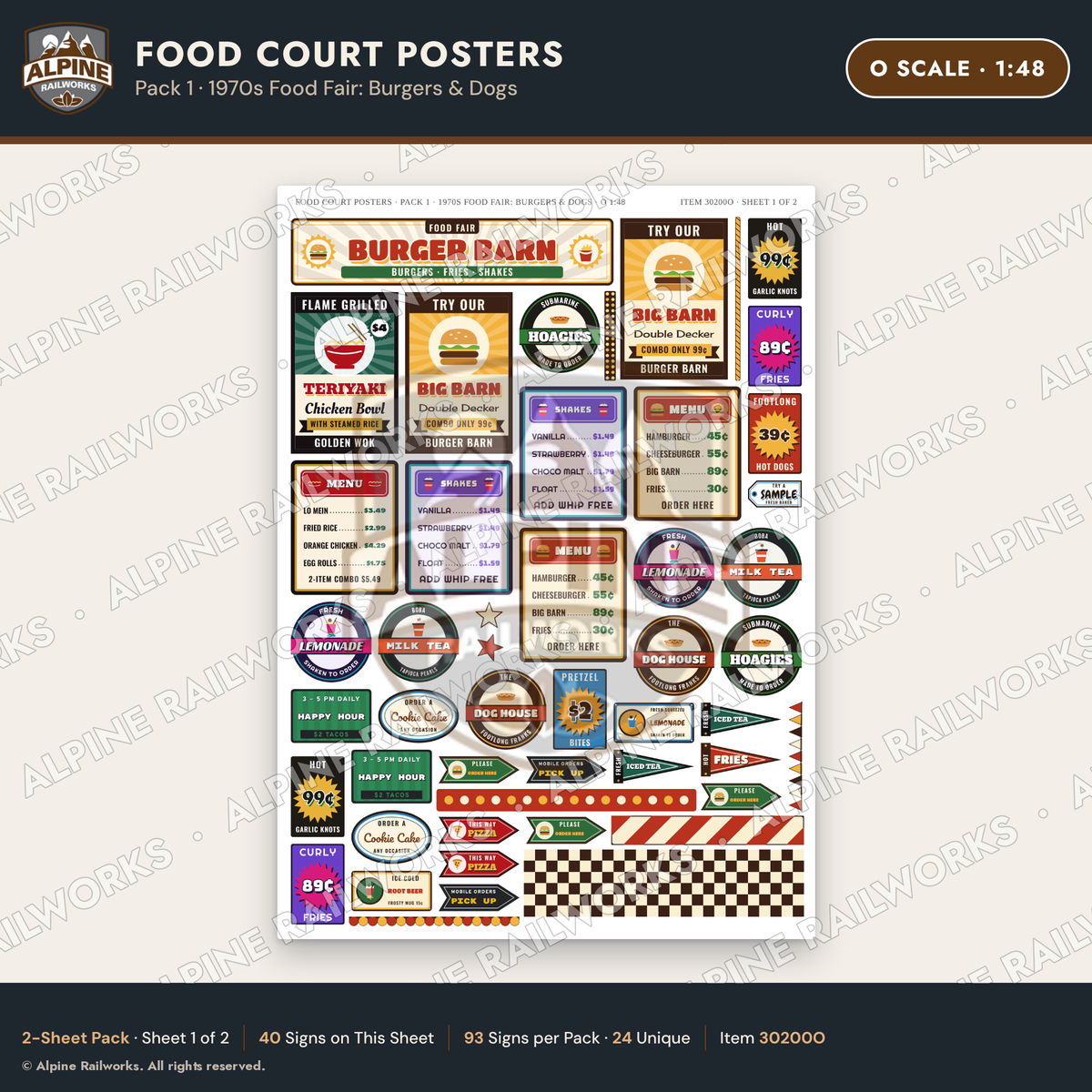 Alpine Railworks 30200O O Scale Food Court Posters - Burgers & Dogs