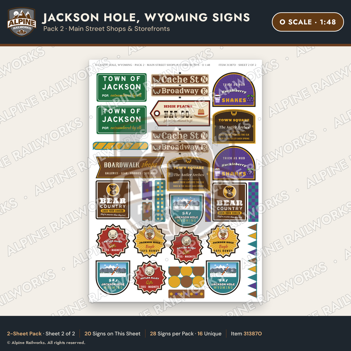 Alpine Railworks 31387O O Scale Jackson Hole WY Signs - Shops