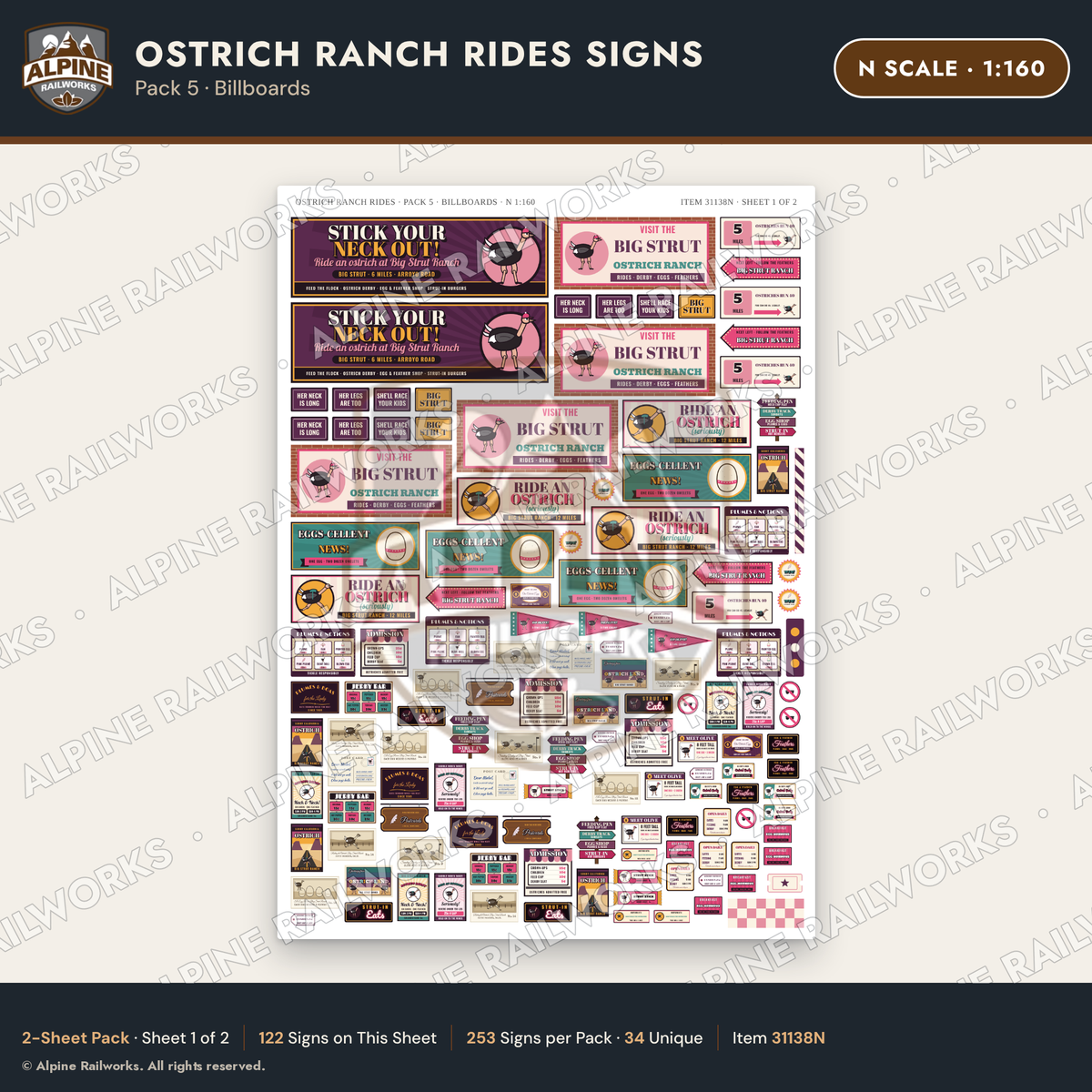 Alpine Railworks 31138N N Scale Roadside Signs - Ostrich Farm