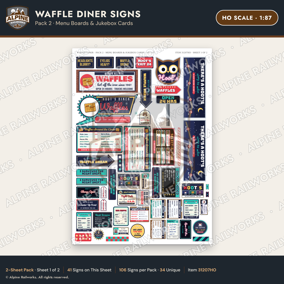 Alpine Railworks 31207HO HO Scale Waffle Diner Signs - Menu Boards
