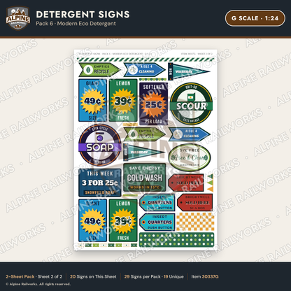 Alpine Railworks 30337G G Scale Detergent Signs - Modern Eco Detergent