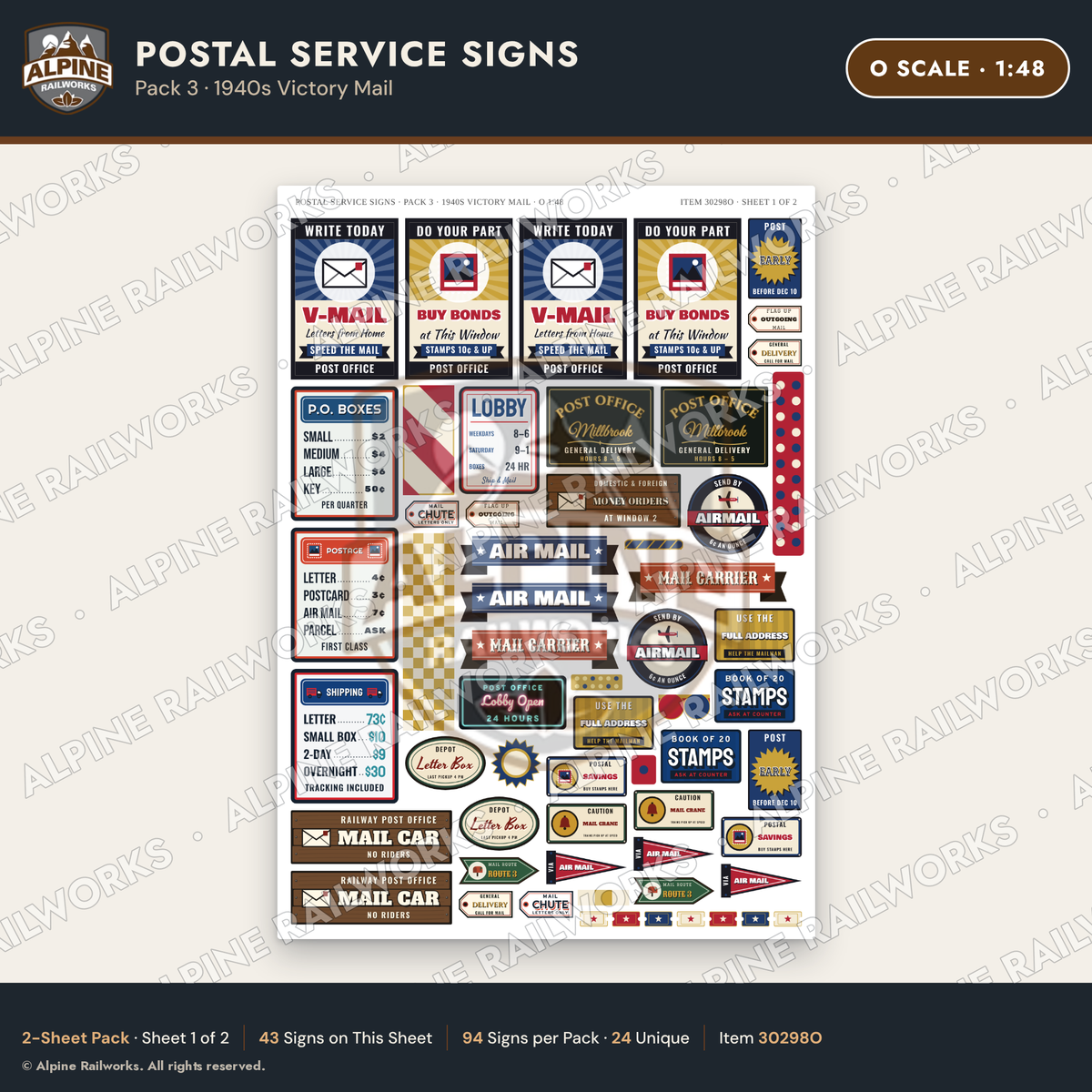 Alpine Railworks 30298O O Scale Postal Service Signs - Victory Mail