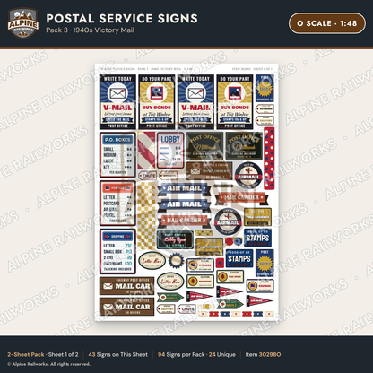 Alpine Railworks 30298O O Scale Postal Service Signs - Victory Mail