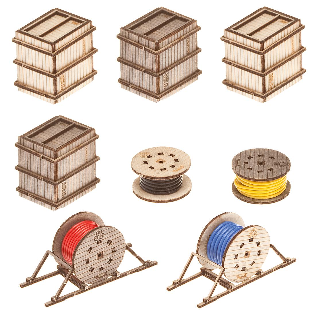 Faller 180617 HO Scale Transport Boxes & Cable Rolls Laser-Cut Kit