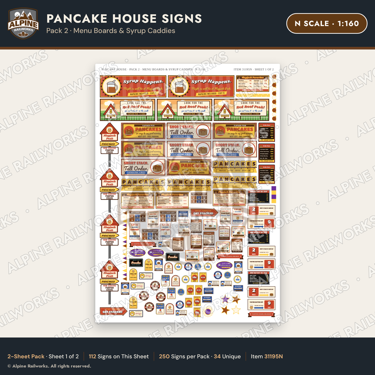 Alpine Railworks 31195N N Scale Pancake House Signs - Menu Boards