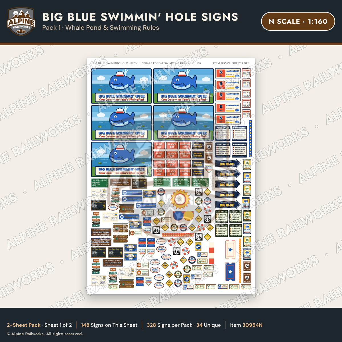 Alpine Railworks 30954N N Scale Roadside Attraction Signs - Blue Whale