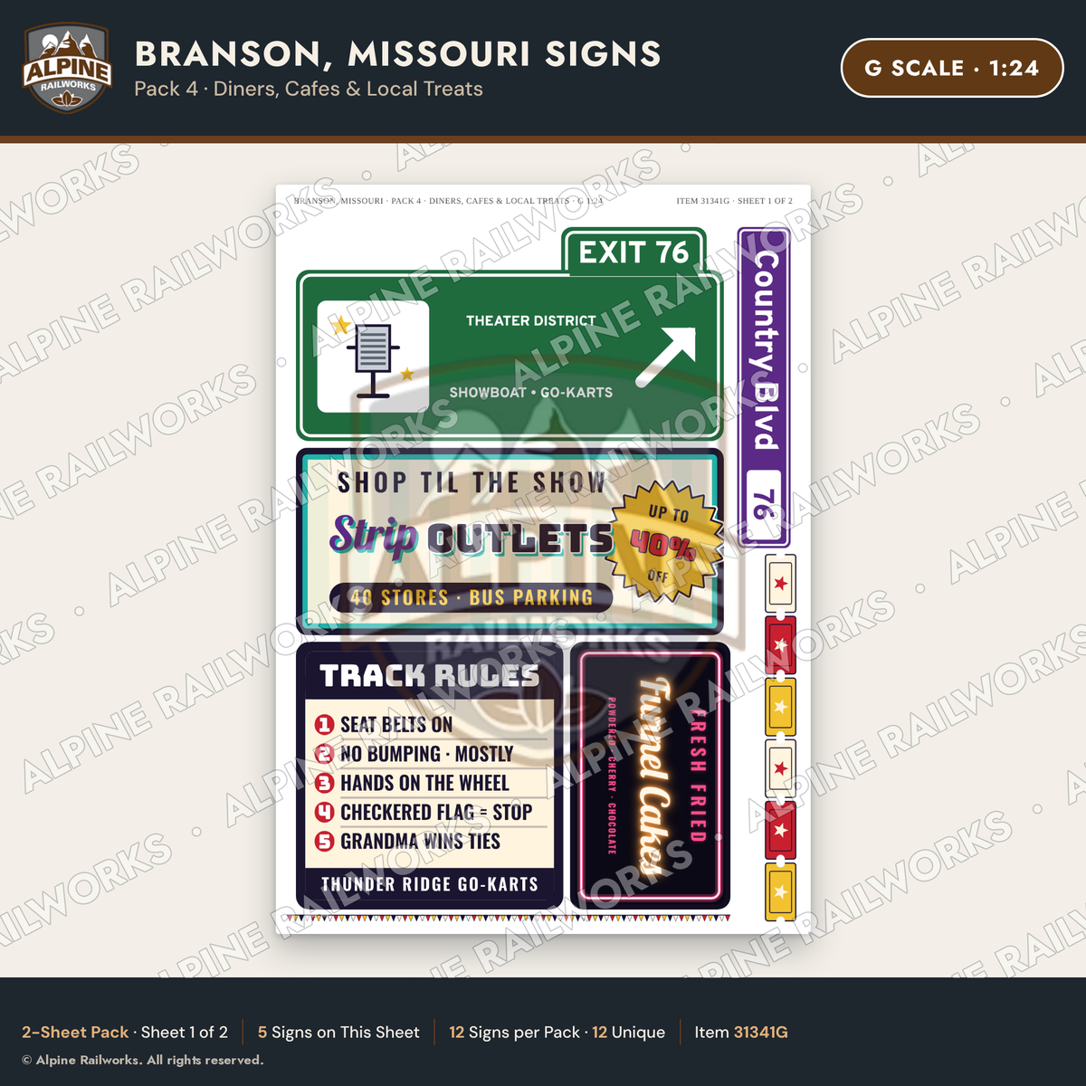 Alpine Railworks 31341G G Scale Branson MO Signs - Diners & Cafes