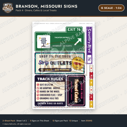 Alpine Railworks 31341G G Scale Branson MO Signs - Diners & Cafes