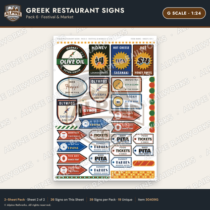 Alpine Railworks 30409G G Scale Greek Restaurant Signs - Festival
