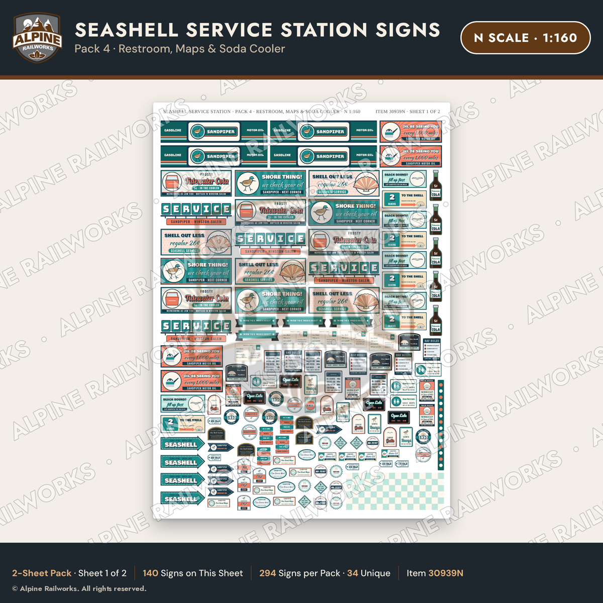 Alpine Railworks 30939N N Scale Roadside Signs - Seashell Gas Station