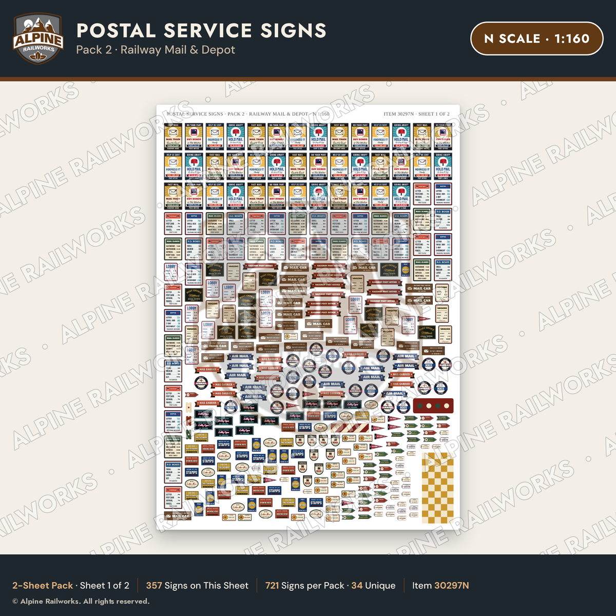 Alpine Railworks 30297N N Scale Postal Service Signs - Railway Mail
