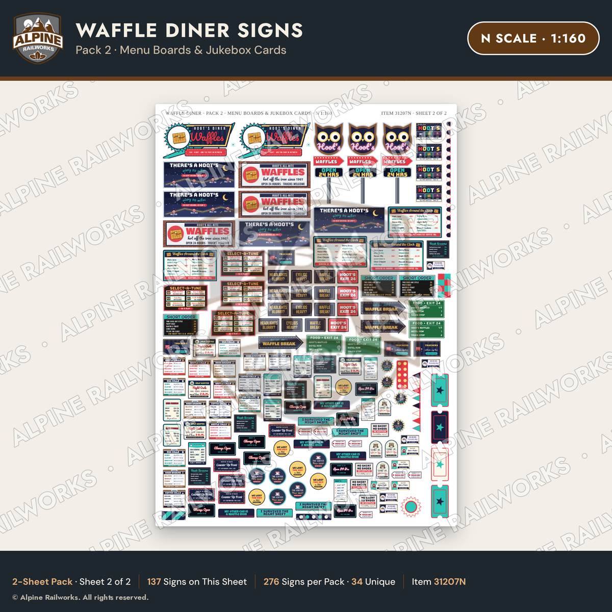 Alpine Railworks 31207N N Scale Waffle Diner Signs - Menu Boards
