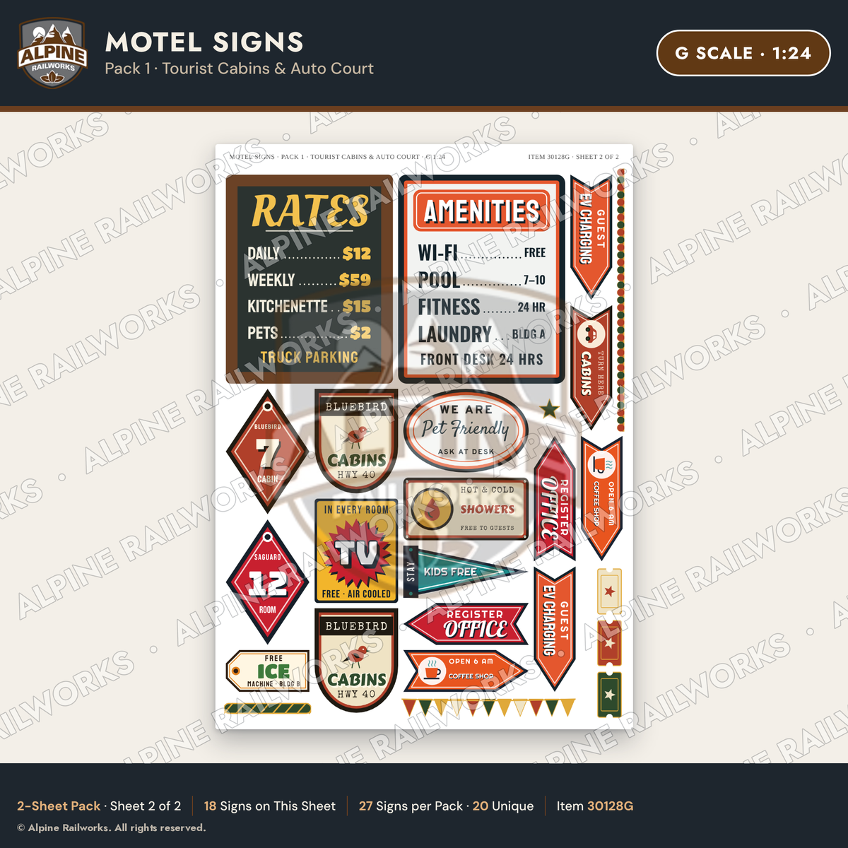 Alpine Railworks 30128G G Scale Motel Signs - Tourist Cabins