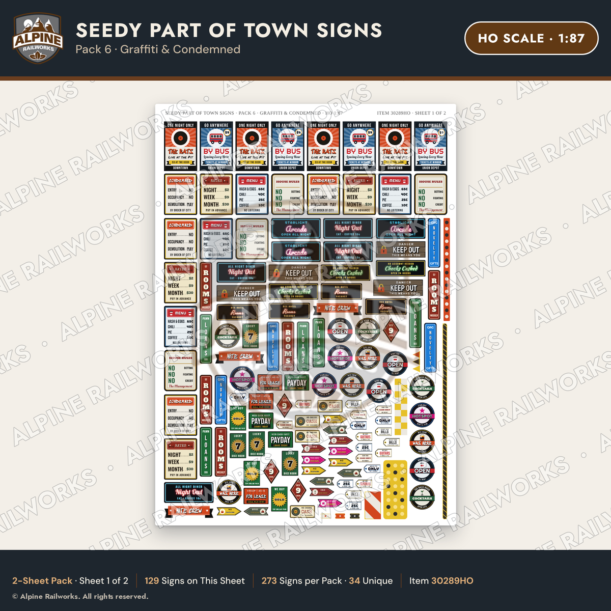 Alpine Railworks 30289HO HO Scale Seedy Part of Town Signs - Graffiti
