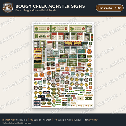Alpine Railworks 30152HO HO Scale Boggy Creek Monster Signs