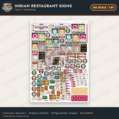 Alpine Railworks 30394HO HO Scale Indian Restaurant Signs - Sweet Shop