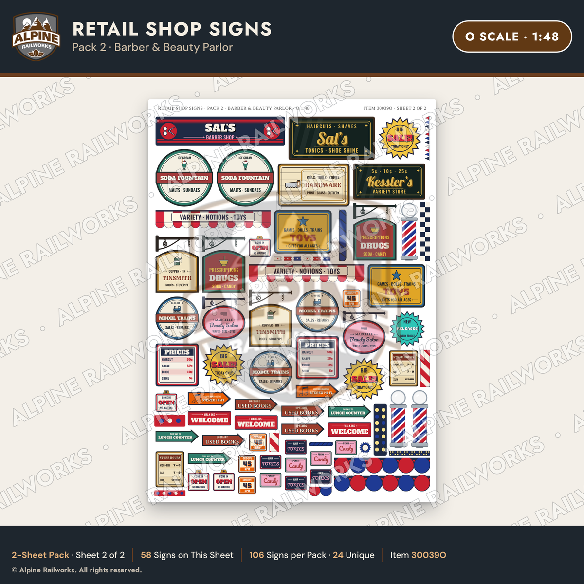 Alpine Railworks 30039O O Scale Retail Shop Signs - Barber