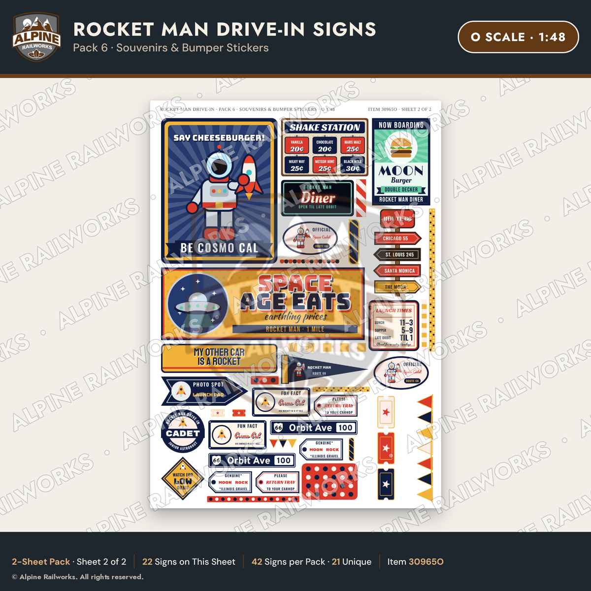 Alpine Railworks 30965O O Scale Roadside Signs - Spaceman Drive-In