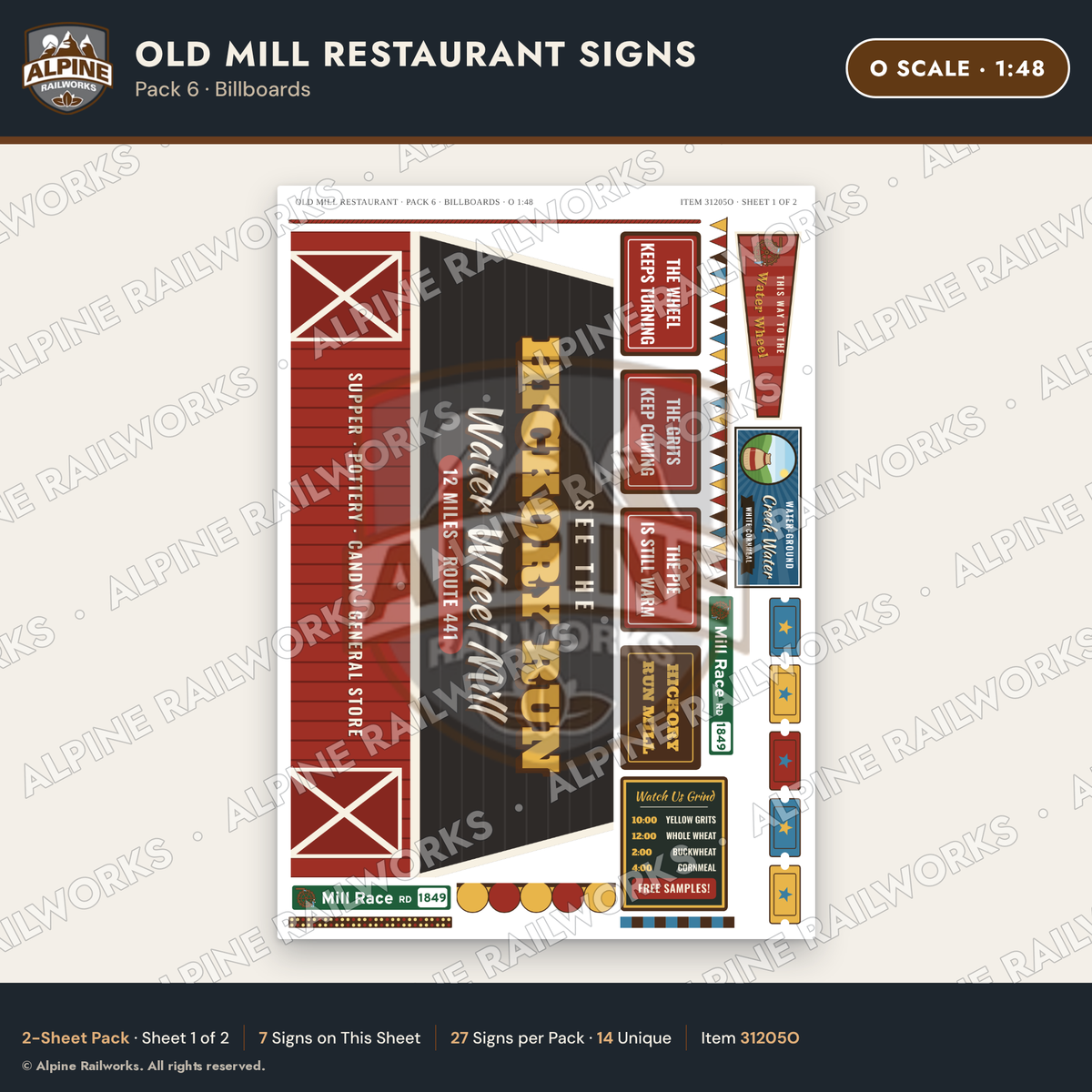 Alpine Railworks 31205O O Scale Old Mill Signs - Billboards