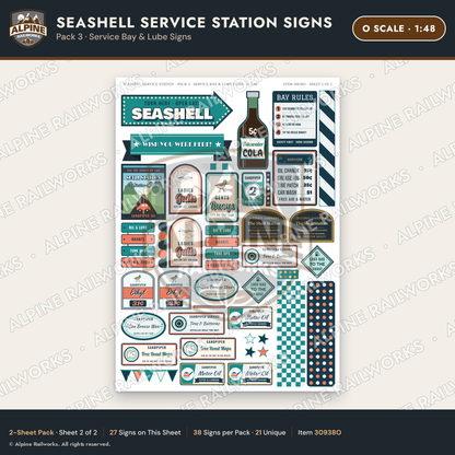 Alpine Railworks 30938O O Scale Roadside Signs - Seashell Gas Station