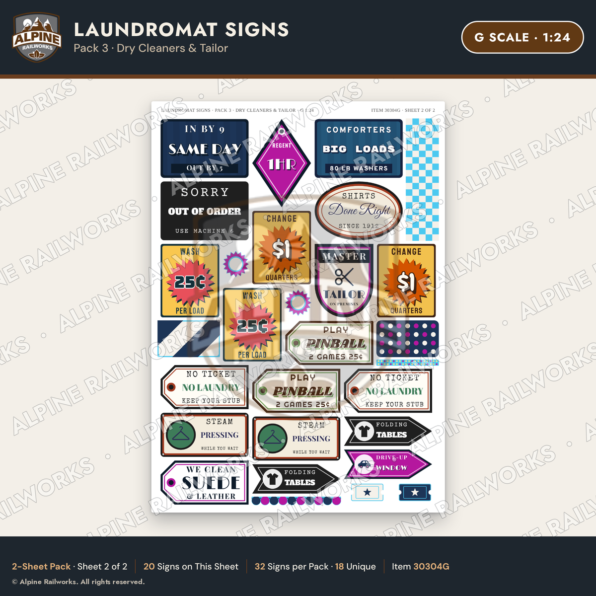 Alpine Railworks 30304G G Scale Laundromat Signs - Dry Cleaners