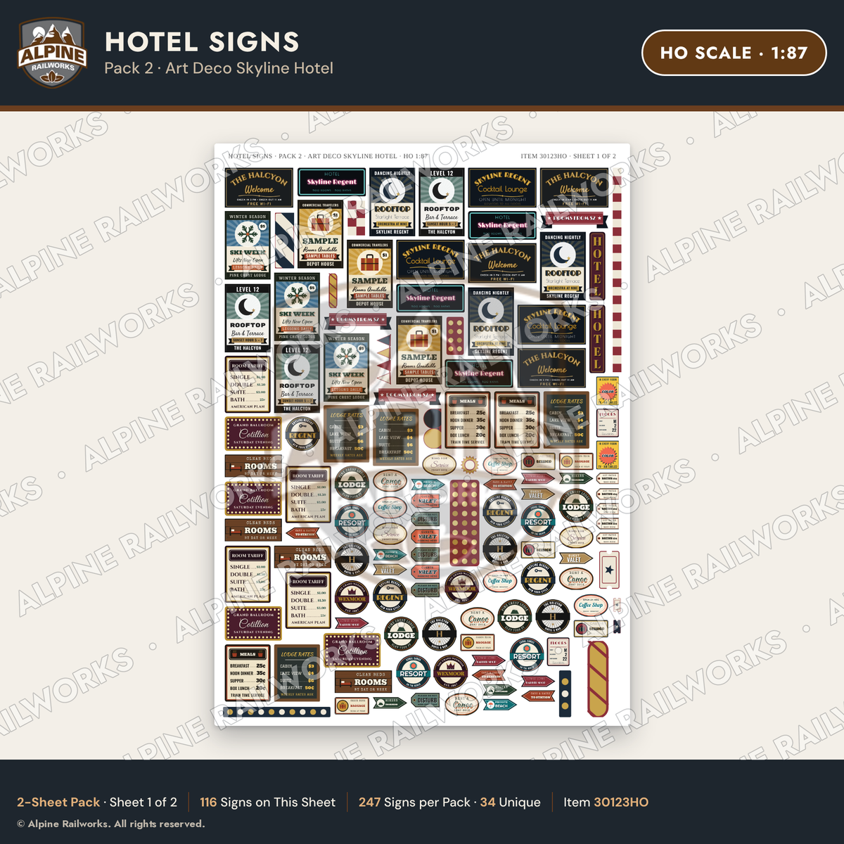 Alpine Railworks 30123HO HO Scale Hotel Signs - Art Deco Skyline Hotel