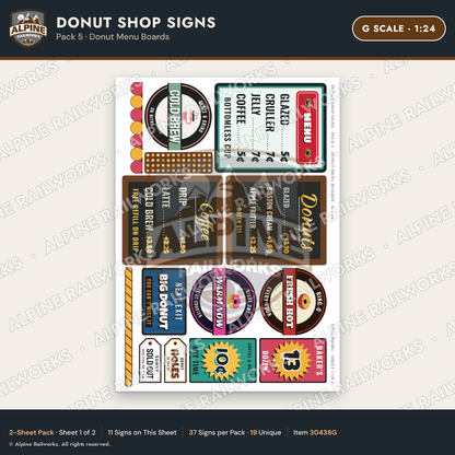 Alpine Railworks 30438G G Scale Donut Shop Signs - Donut Menu Boards