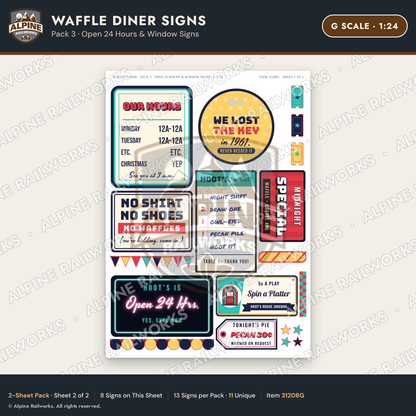Alpine Railworks 31208G G Scale Waffle Diner Signs - Open 24 Hours
