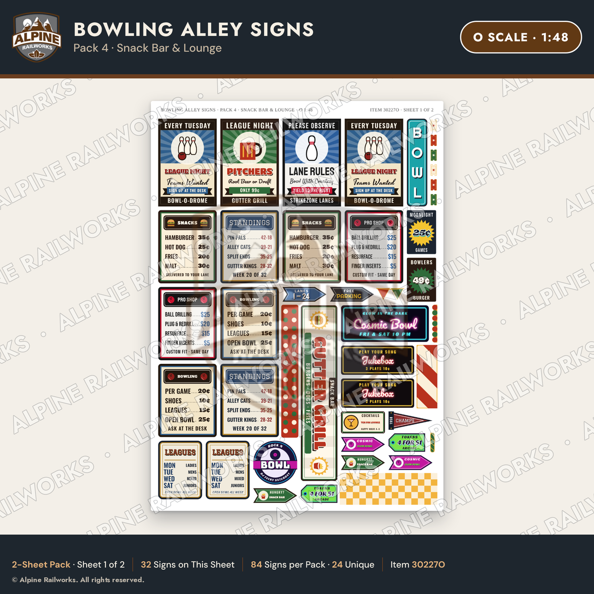 Alpine Railworks 30227O O Scale Bowling Alley Signs - Snack Bar