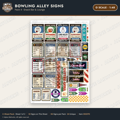 Alpine Railworks 30227O O Scale Bowling Alley Signs - Snack Bar