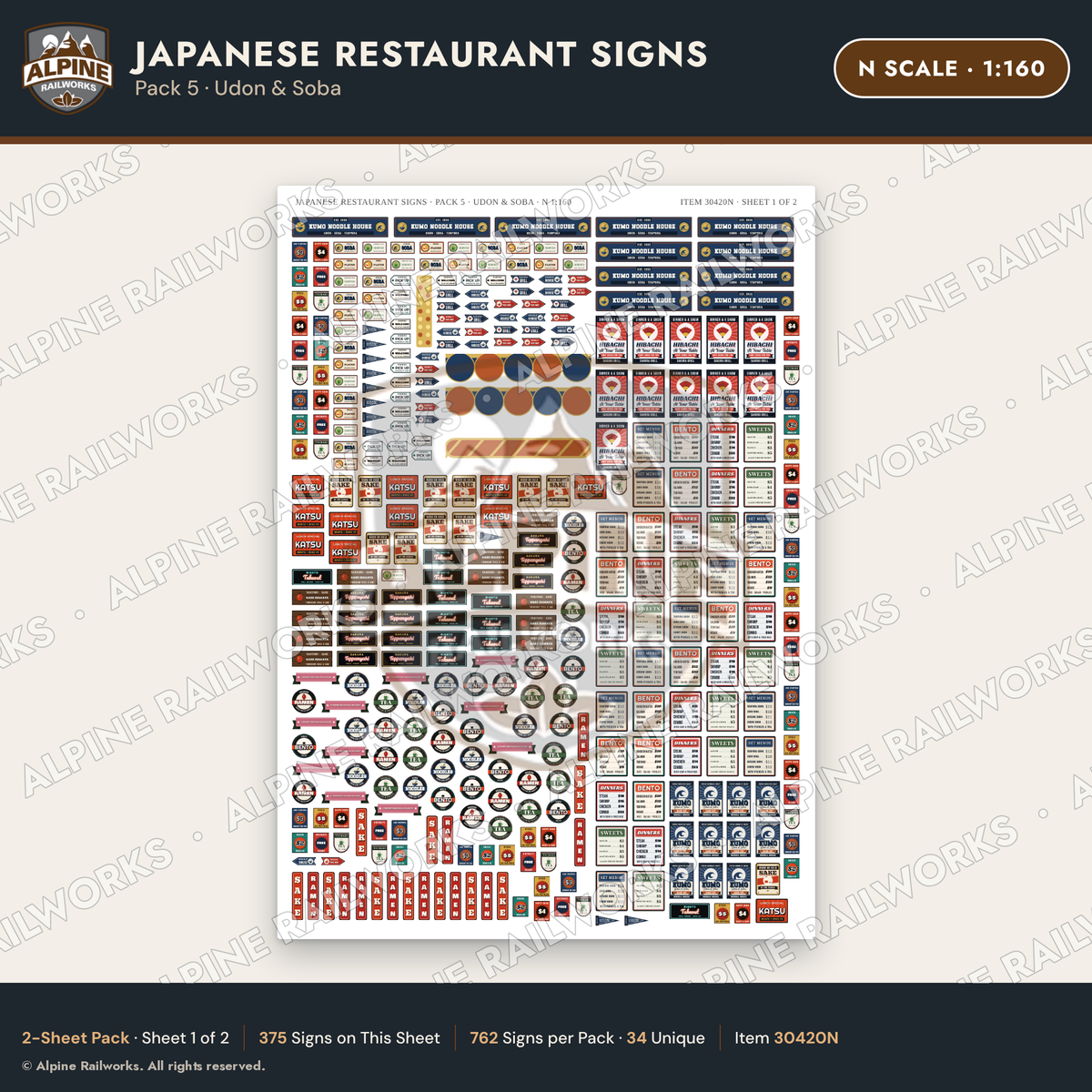 Alpine Railworks 30420N N Scale Japanese Restaurant Signs - Udon