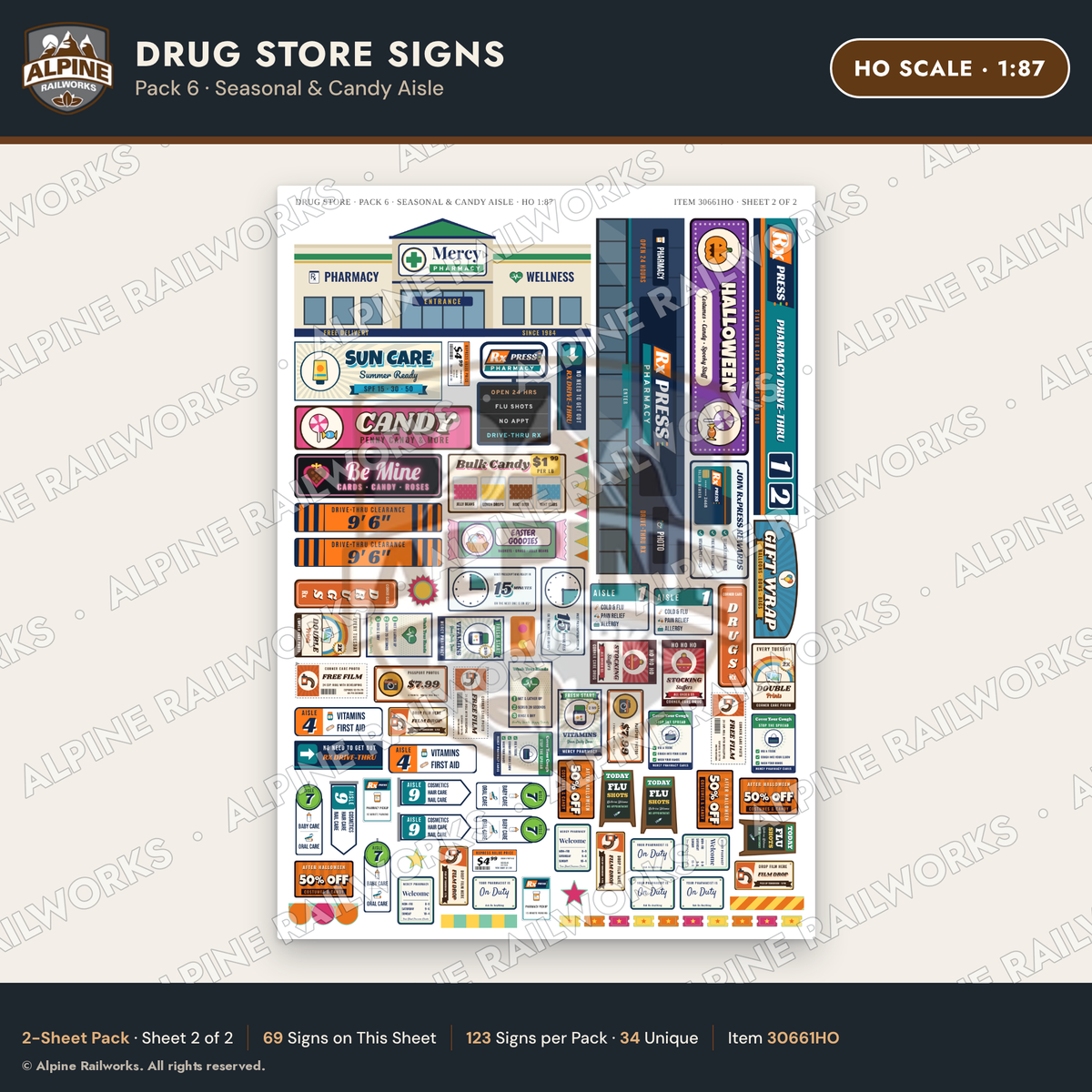 Alpine Railworks 30661HO HO Scale Drug Store Signs - Seasonal