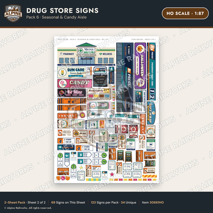 Alpine Railworks 30661HO HO Scale Drug Store Signs - Seasonal