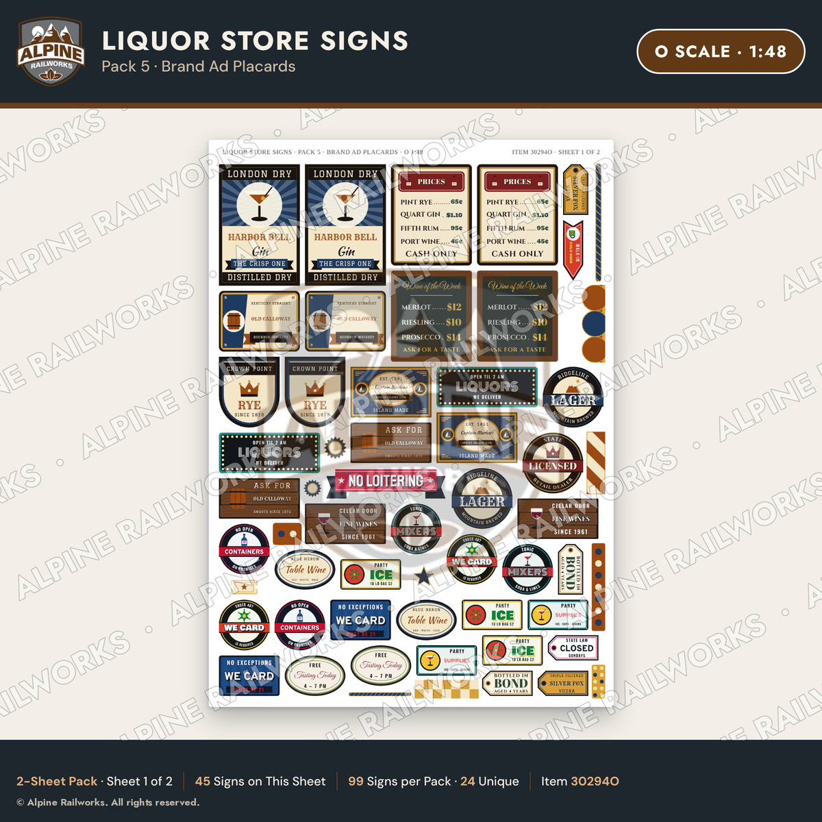 Alpine Railworks 30294O O Scale Liquor Store Signs - Brand Ad Placards