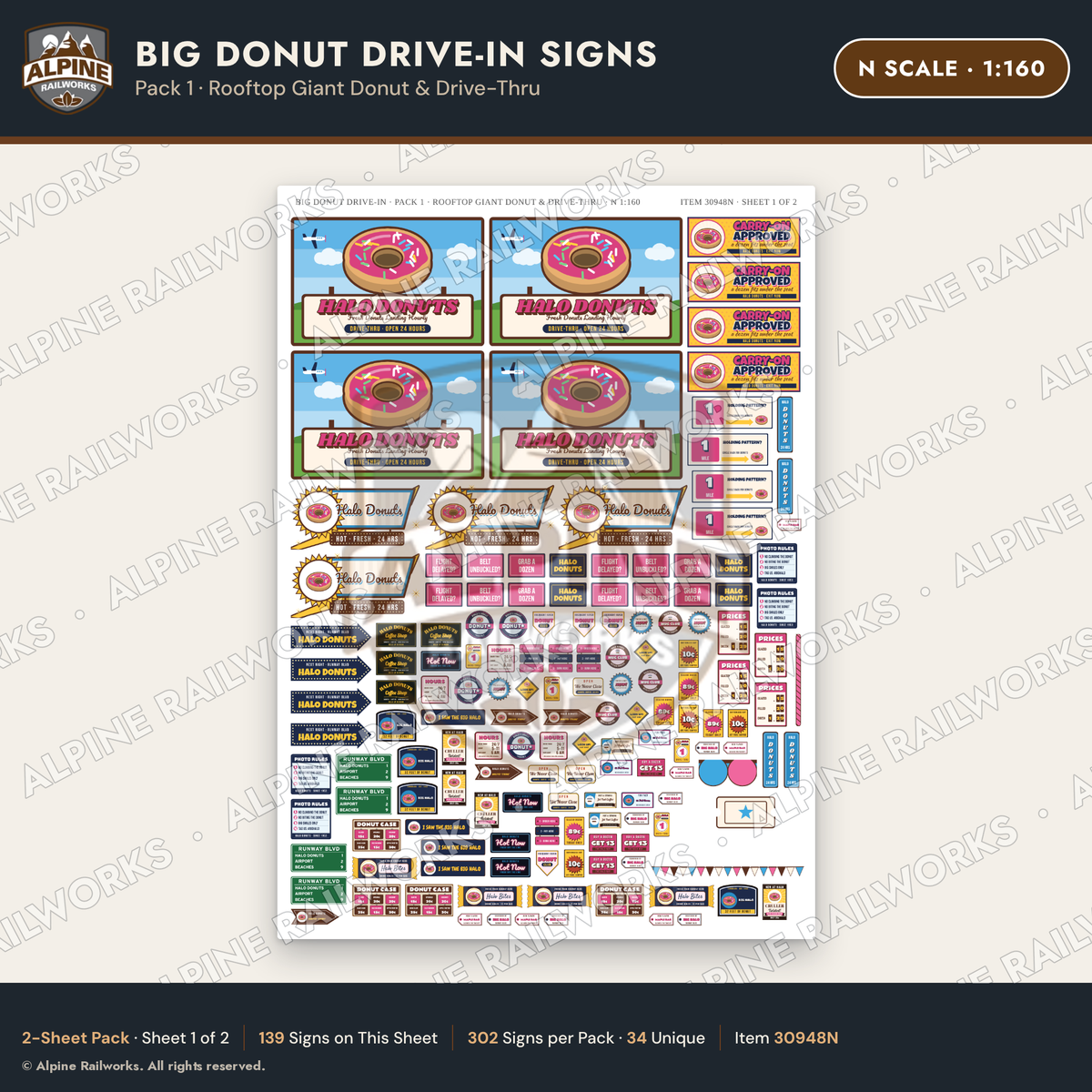 Alpine Railworks 30948N N Scale Roadside Signs - Giant Donut Shop