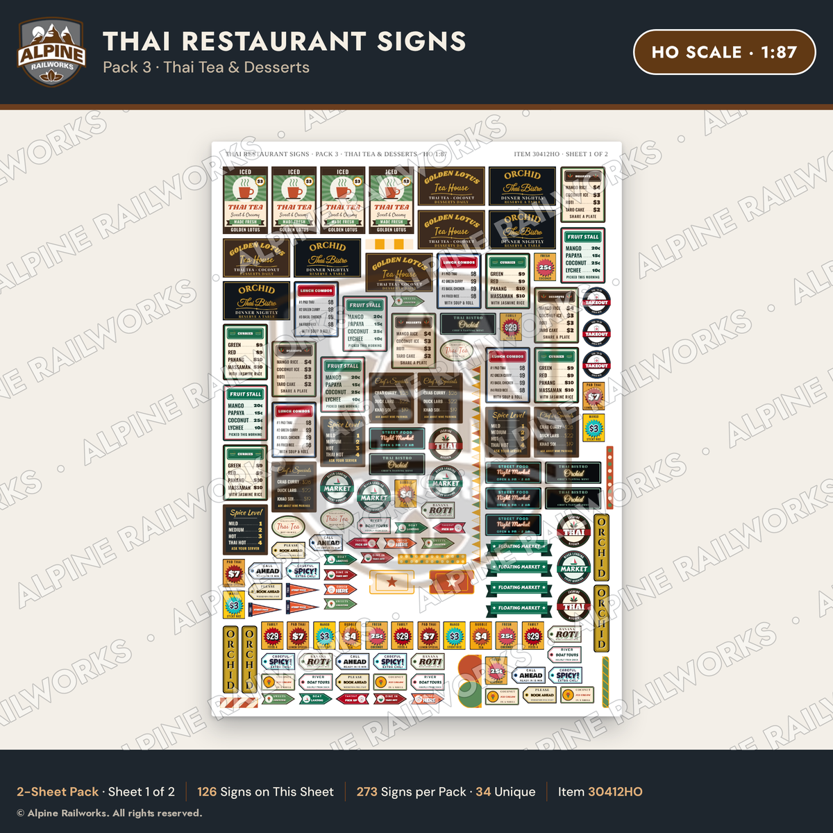 Alpine Railworks 30412HO HO Scale Thai Restaurant Signs - Thai Tea