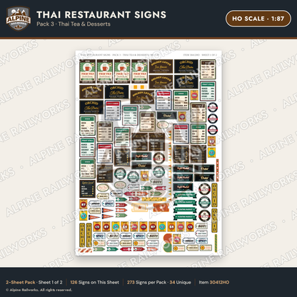 Alpine Railworks 30412HO HO Scale Thai Restaurant Signs - Thai Tea
