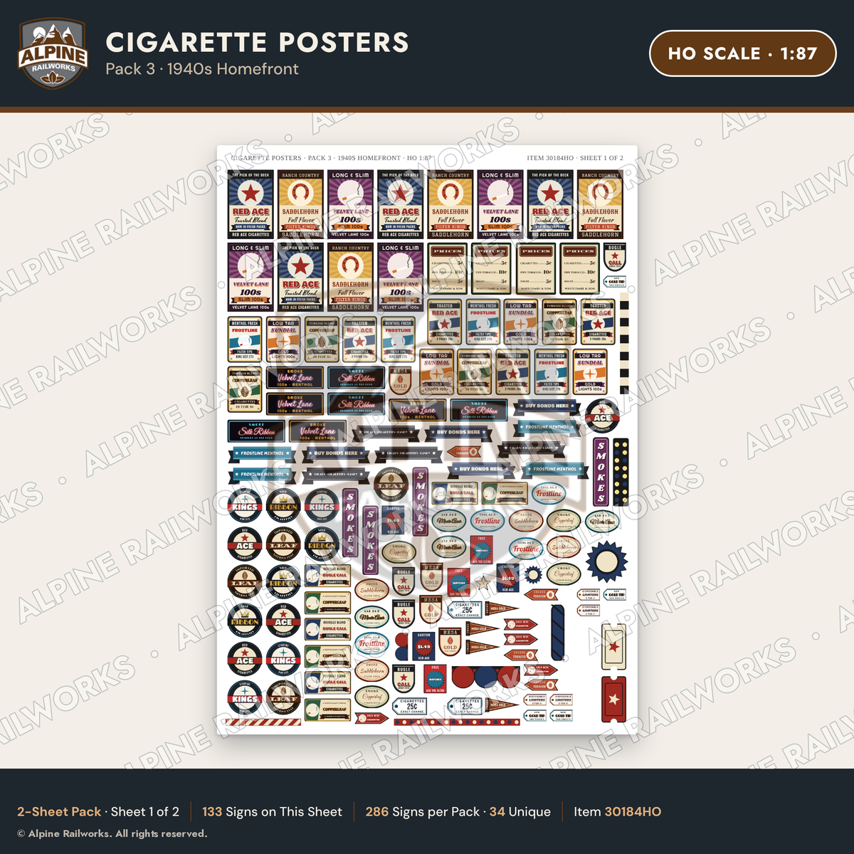 Alpine Railworks 30184HO HO Scale Cigarette Posters - 1940s Homefront