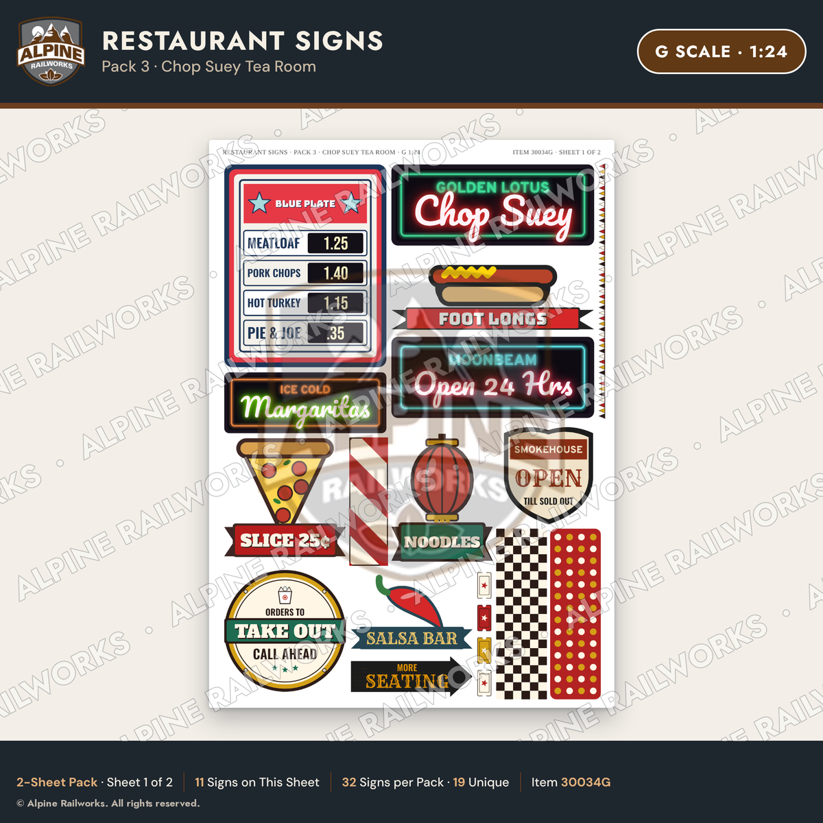 Alpine Railworks 30034G G Scale Restaurant Signs - Chop Suey Tea Room