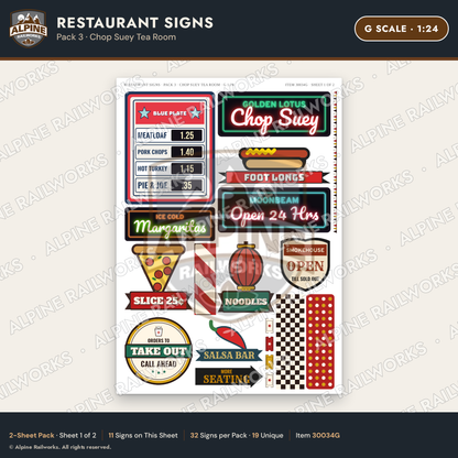 Alpine Railworks 30034G G Scale Restaurant Signs - Chop Suey Tea Room