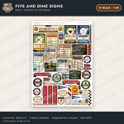 Alpine Railworks 30110O O Scale Five and Dime Signs - Victorian 5