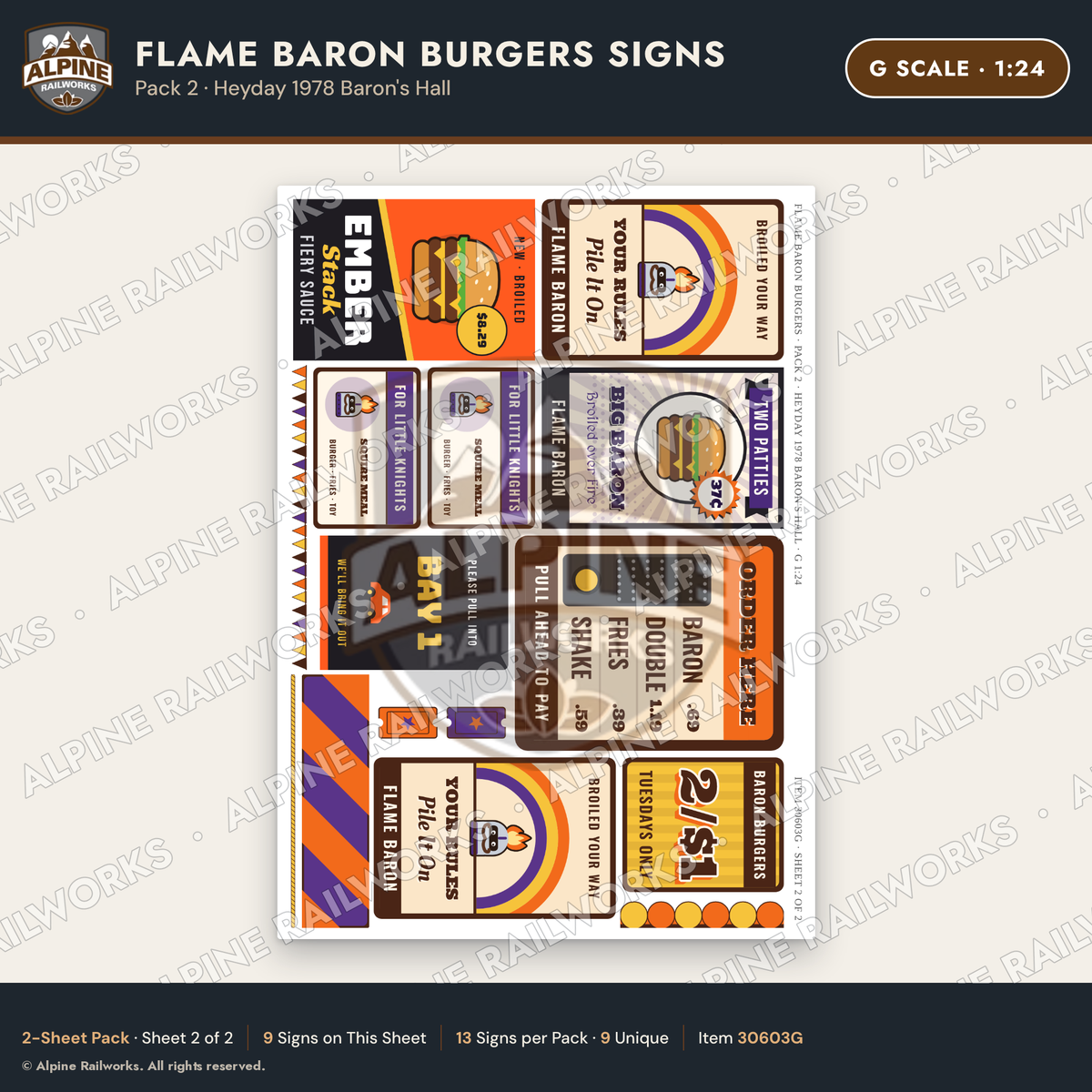 Alpine Railworks 30603G G Scale Fast Food Signs - Burgers