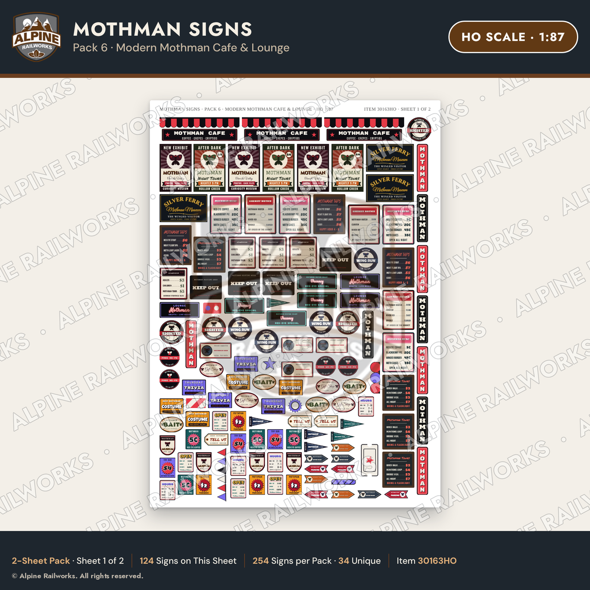Alpine Railworks 30163HO HO Scale Mothman Signs - Modern Mothman Cafe