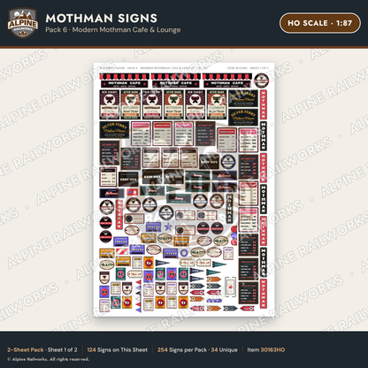 Alpine Railworks 30163HO HO Scale Mothman Signs - Modern Mothman Cafe