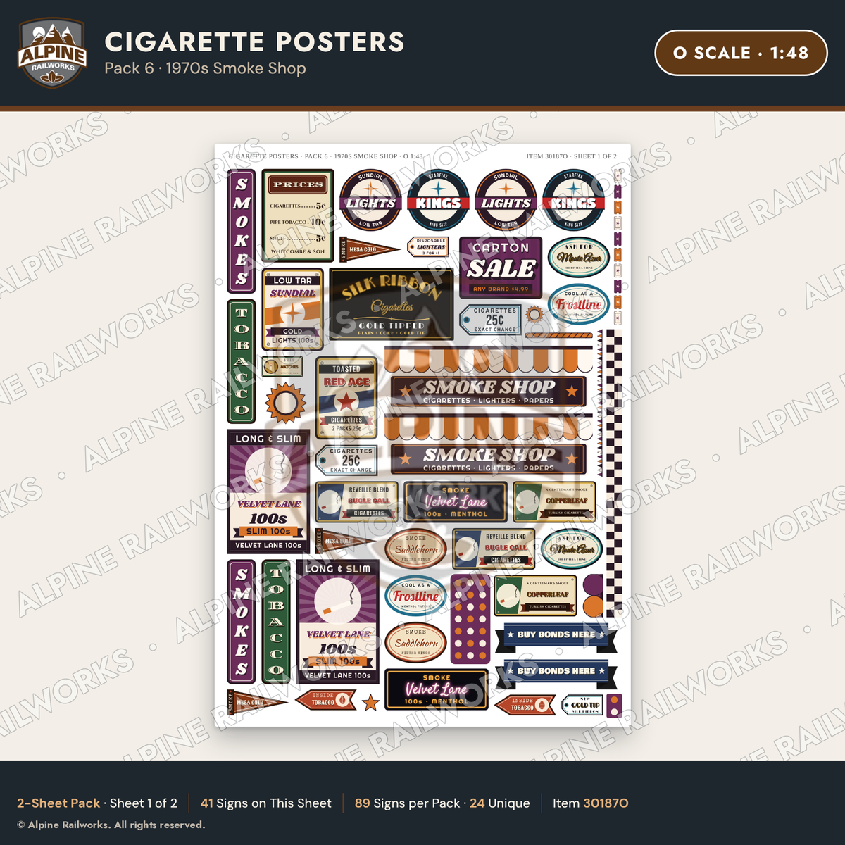Alpine Railworks 30187O O Scale Cigarette Posters - 1970s Smoke Shop