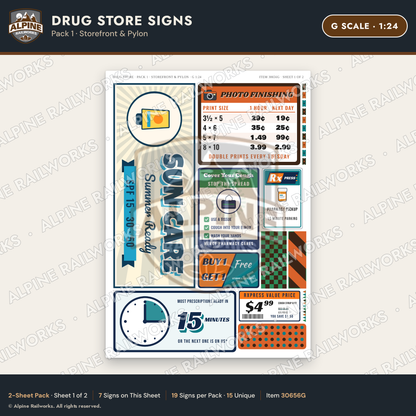 Alpine Railworks 30656G G Scale Drug Store Signs - Storefront & Pylon