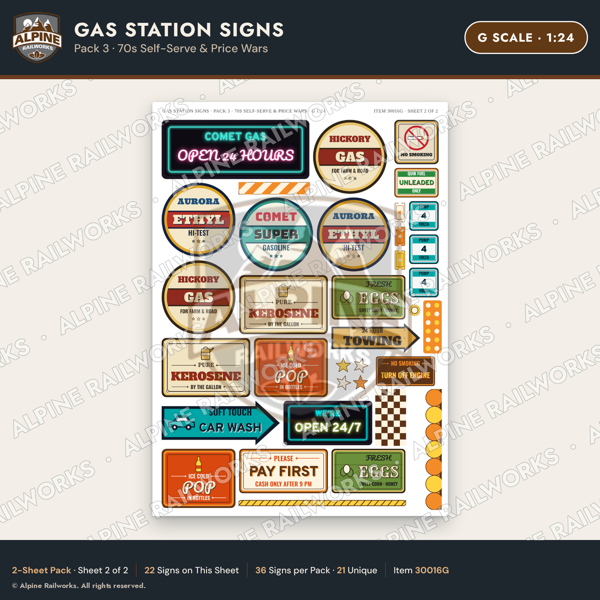 Alpine Railworks 30016G G Scale Gas Station Signs - 70s Self-Serve