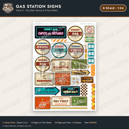 Alpine Railworks 30016G G Scale Gas Station Signs - 70s Self-Serve