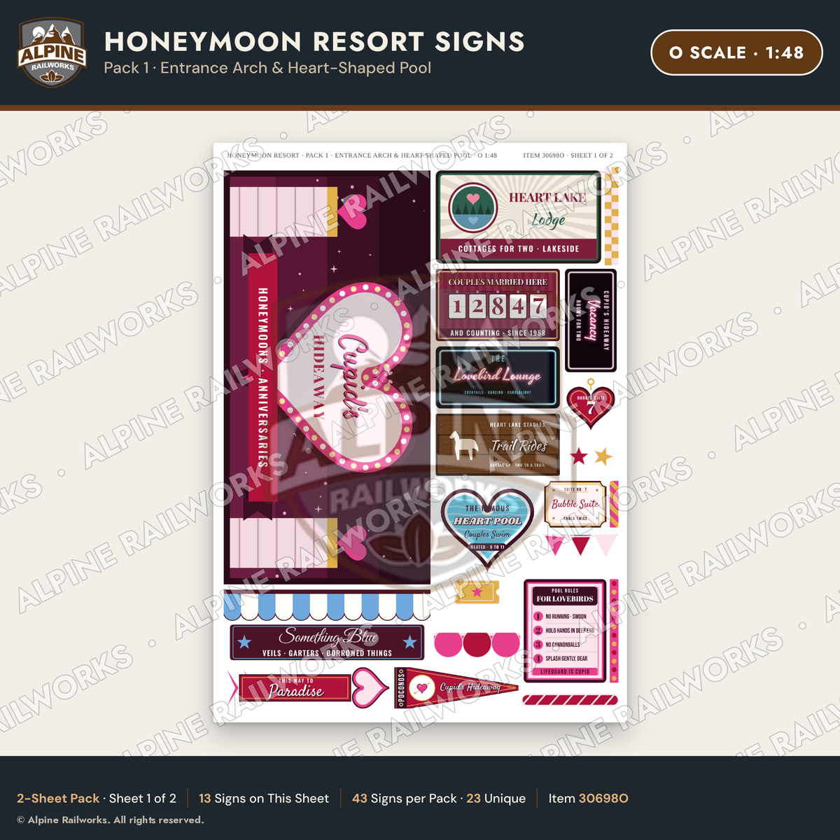 Alpine Railworks 30698O O Scale Honeymoon Resort Signs - Entrance Arch